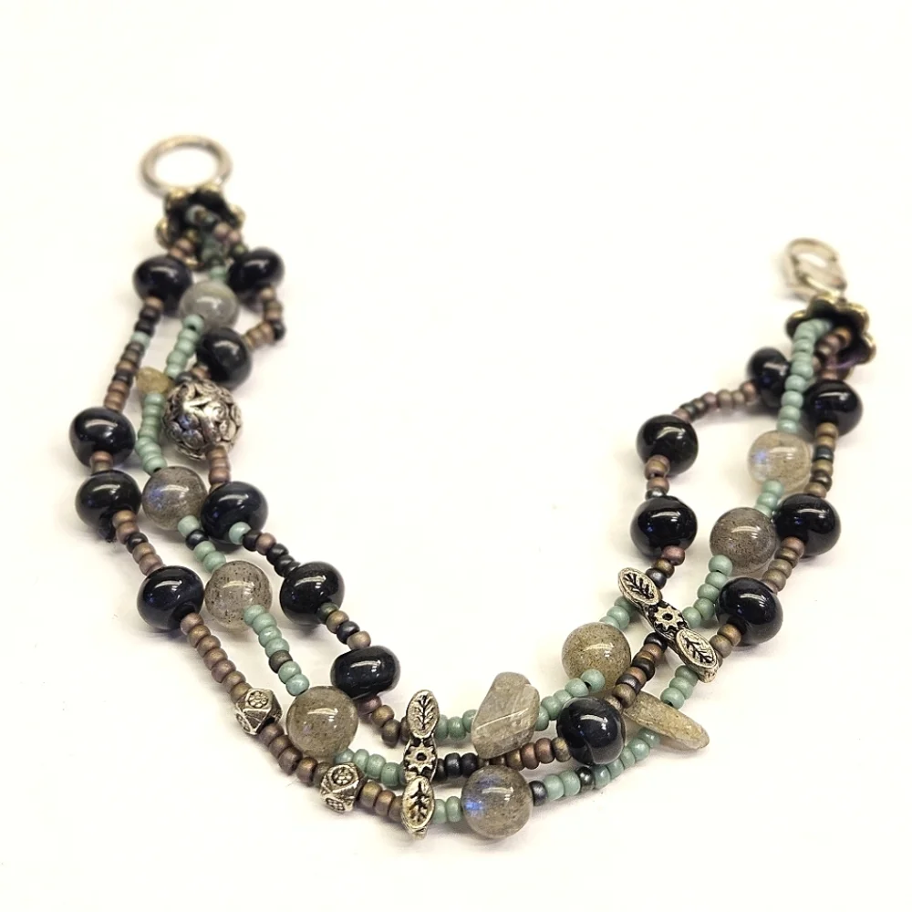 Labradorite and Deep Blue Tiger's Eye Triple Strand Beaded Bracelet